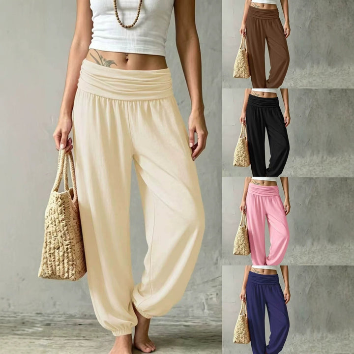 Ladies Lightweight Jersey Harem Pants with Fold-over Waistband, Wide Leg and Elastic Ankle Cuffs Mune Fashion