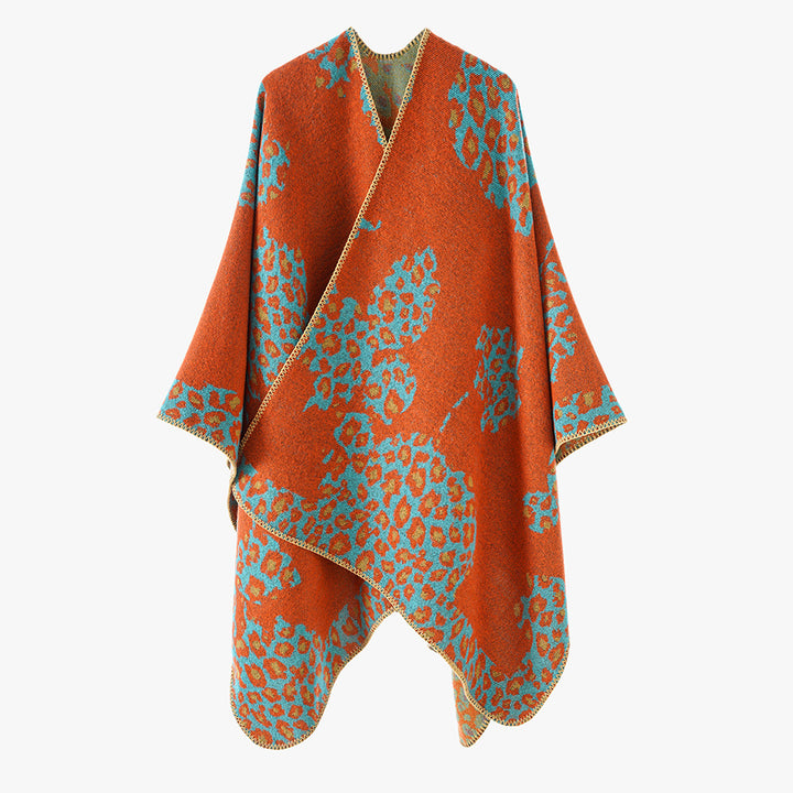 Women's wool look throw with woven leopard jacquard and open pointed edge Mune Fashion