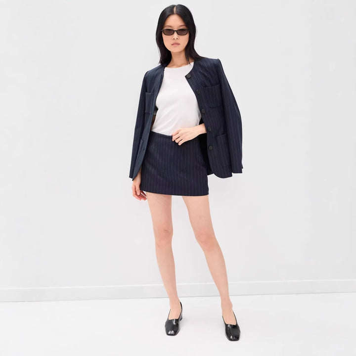 Women's pinstripe blazer without lapels with tailored mini skirt set Mune Fashion