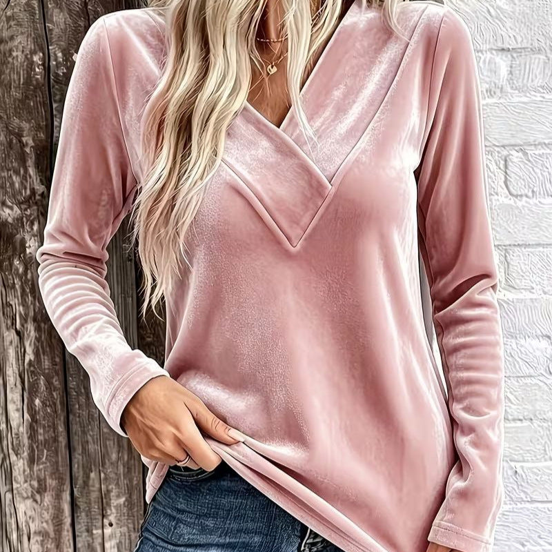 Women's Velvet Long Sleeve with Overlapping V-Neck and Feminine Draping Mune Fashion