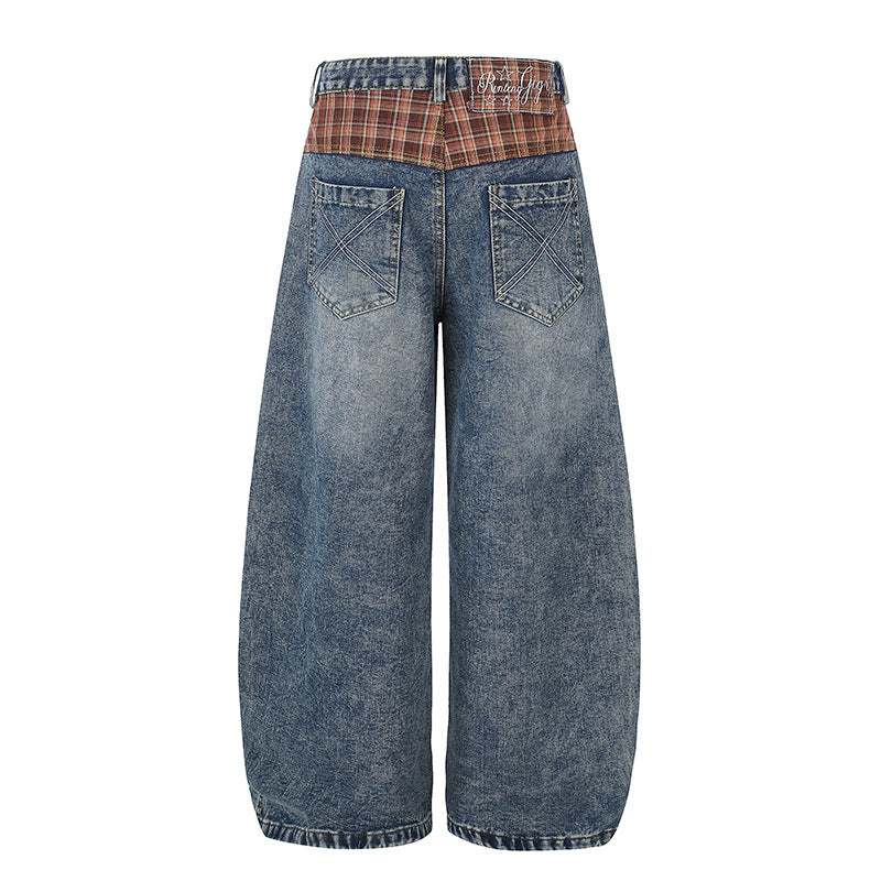 Women's Wide High-Waist Denim Culotte in Palazzo Style with Check Waistband and Vintage Wash Mune Fashion