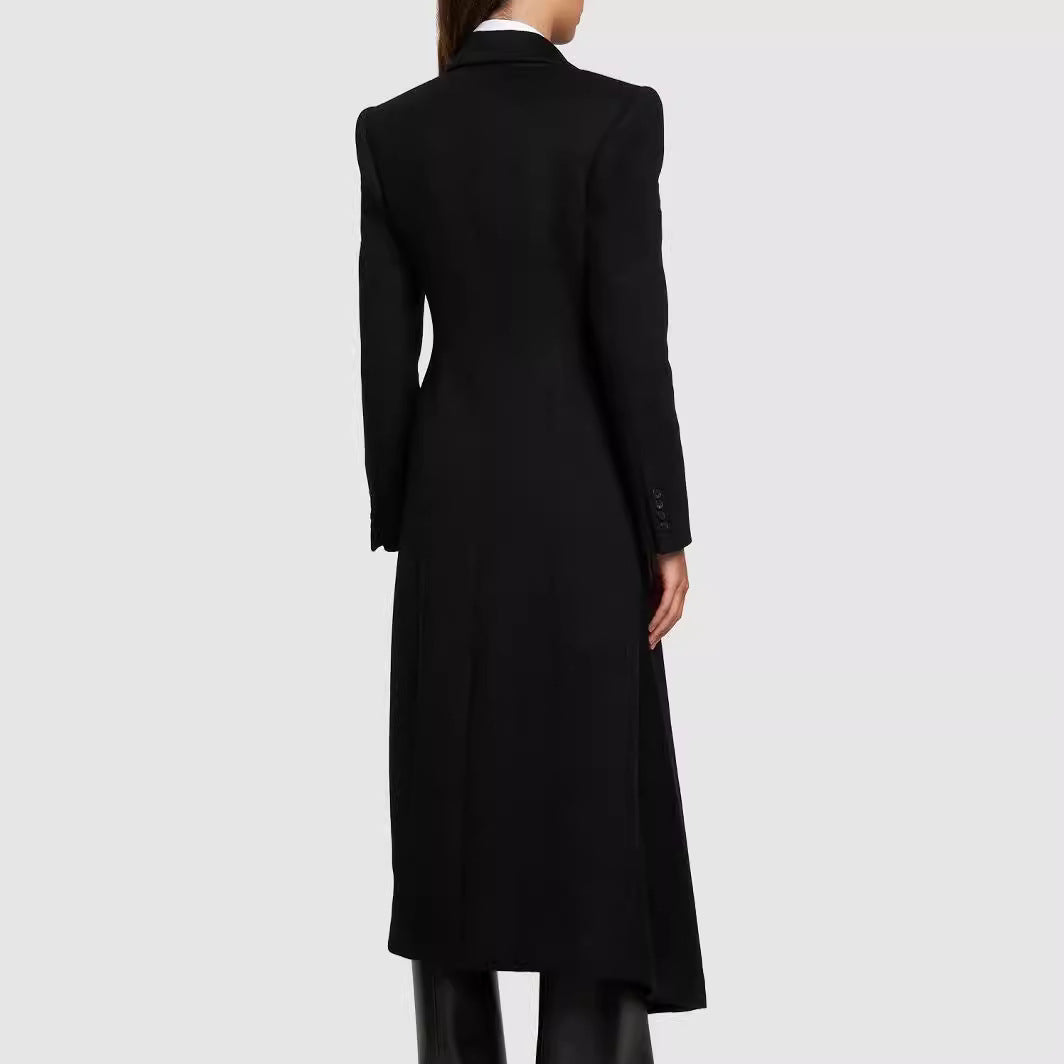 Women Maxilength Asymmetrical Double-breasted Blazer-Coat with Emphasized Shoulder Mune Fashion
