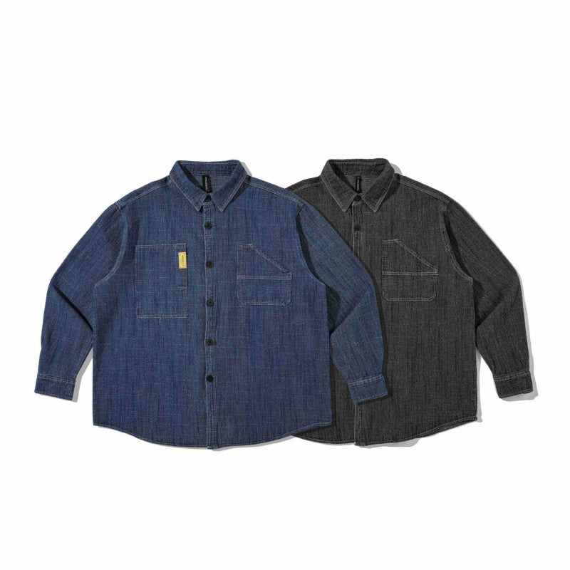 Unisex Boxy Denim Overshirt in Worker Look with Patch Pockets and Rounded Hem Mune Fashion