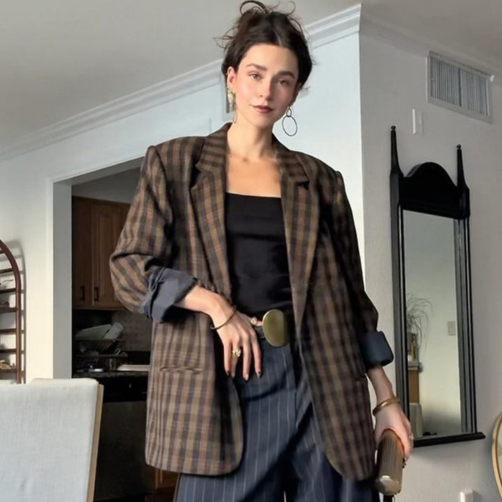 Women’s oversized check blazer with boxy silhouette and dropped shoulders Mune Fashion