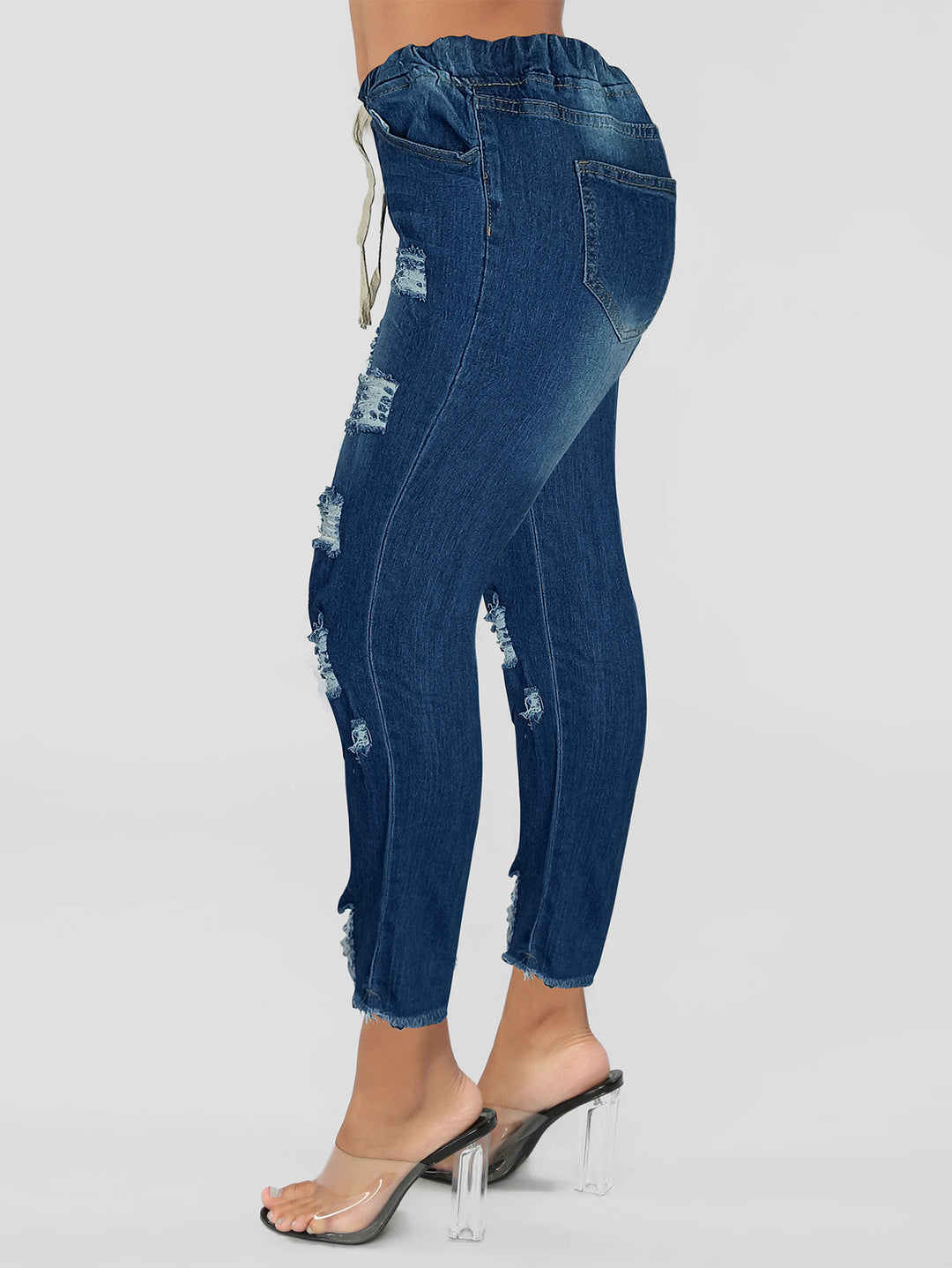 Ladies Skinny Jeggings with high elastic drawstring waistband and destroyed details Mune Fashion