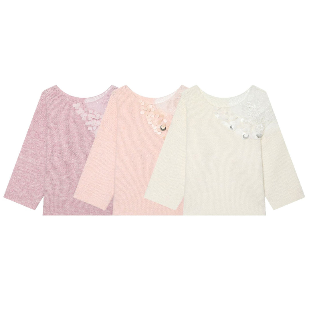 Women's Boxy Knit Sweater with Sequin Application and Lace Trim Mune Fashion