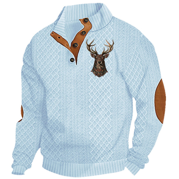 Men's nan Heritage textured pullover with stand-up collar faux leather trim elbow patches and half-button placket Mune Fashion