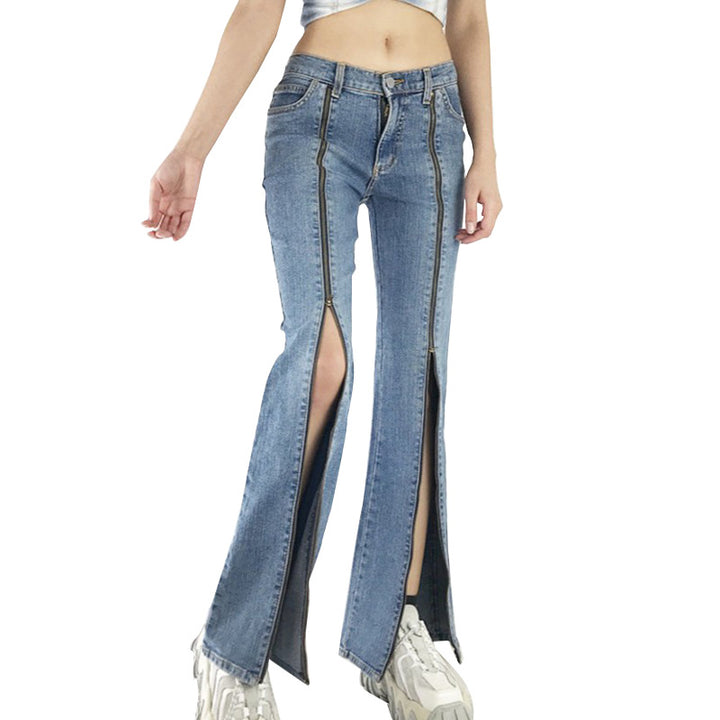 Ladies nan jeans pants with continuous front zippers, high front leg opening and flared bell bottom Mune Fashion