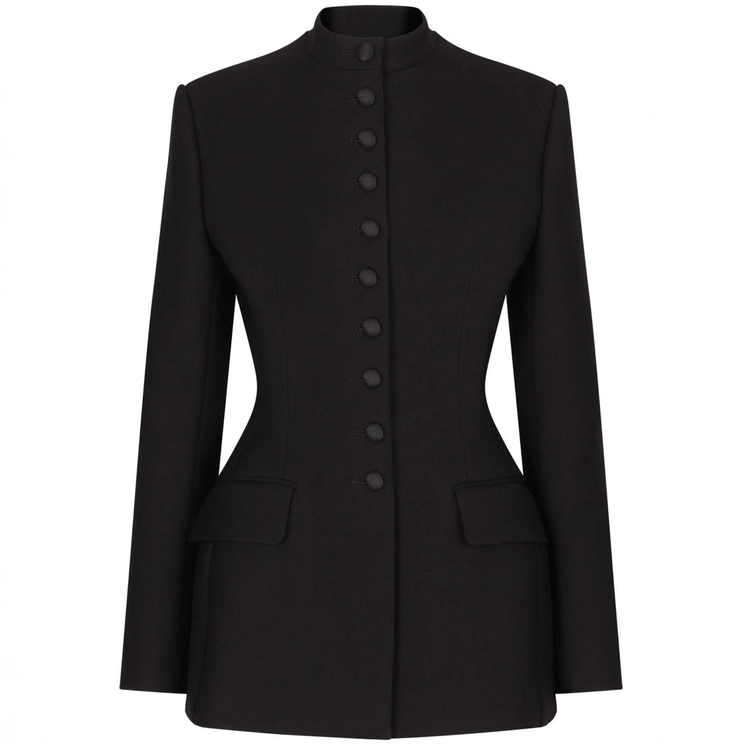 Women's Tailored Blazer with Stand-up Collar, Structured Shoulder and Decorative Button Placket Mune Fashion