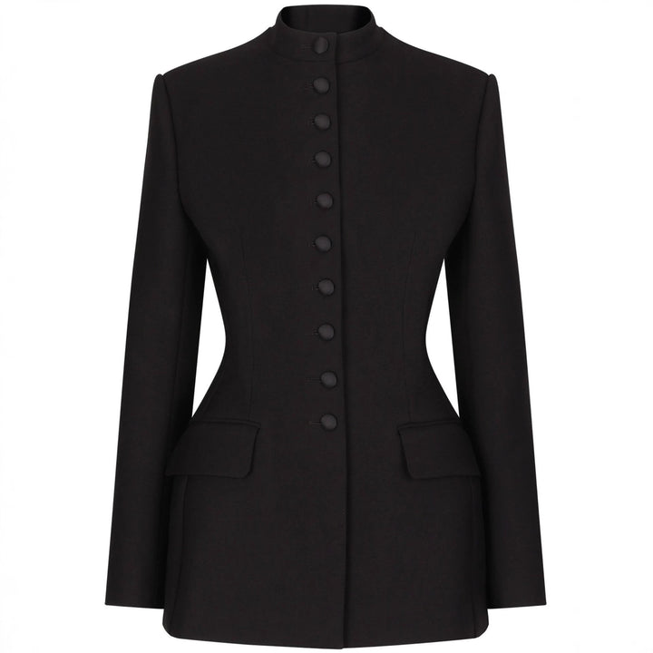 Women's Tailored Blazer with Stand-up Collar, Structured Shoulder and Decorative Button Placket Mune Fashion