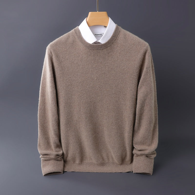 Men's Fine Round Neck Knit Sweater in Cashmere Look with Ribbed Cuffs Mune Fashion