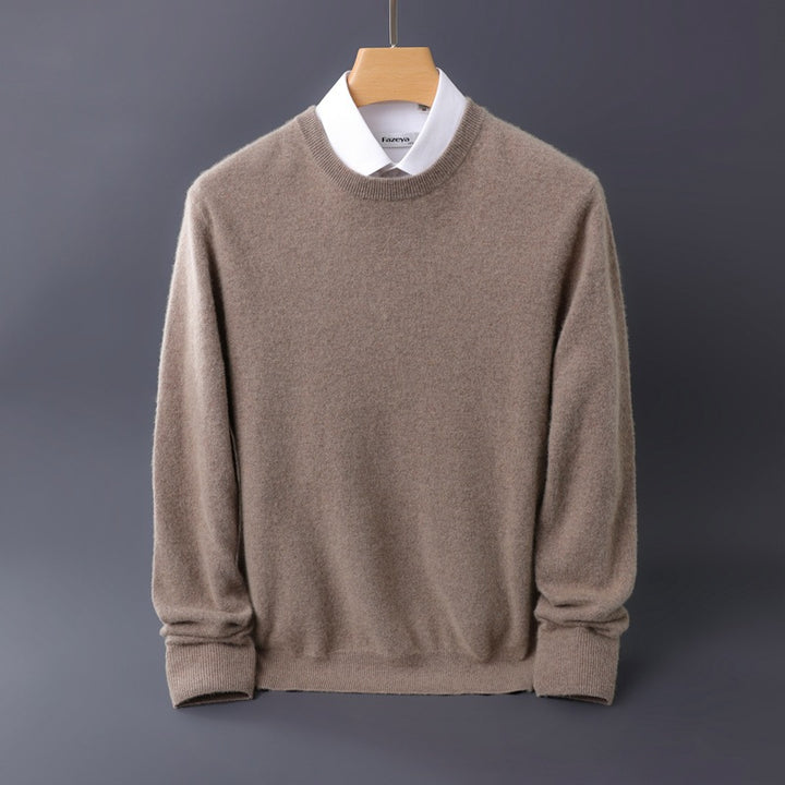Men's Fine Round Neck Knit Sweater in Cashmere Look with Ribbed Cuffs Mune Fashion