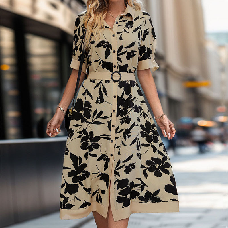 Women's Tailored Blouse Dress with Waist Belt, Front Button Placket and Front Slit Mune Fashion