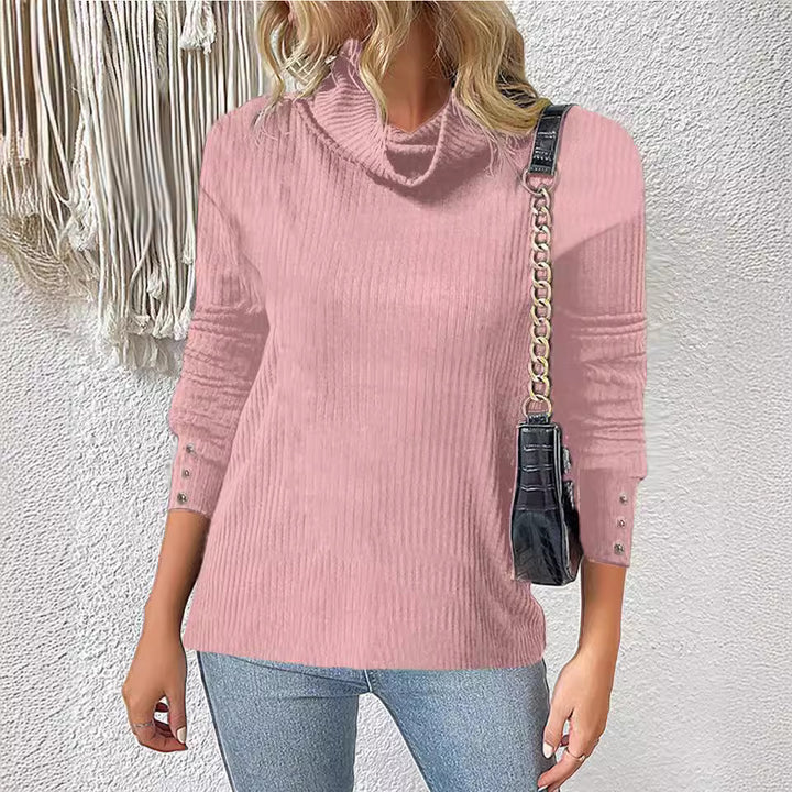 Women's Ribbed Turtleneck Sweater with 3/4 Sleeves and Decorative Button Placket Mune Fashion