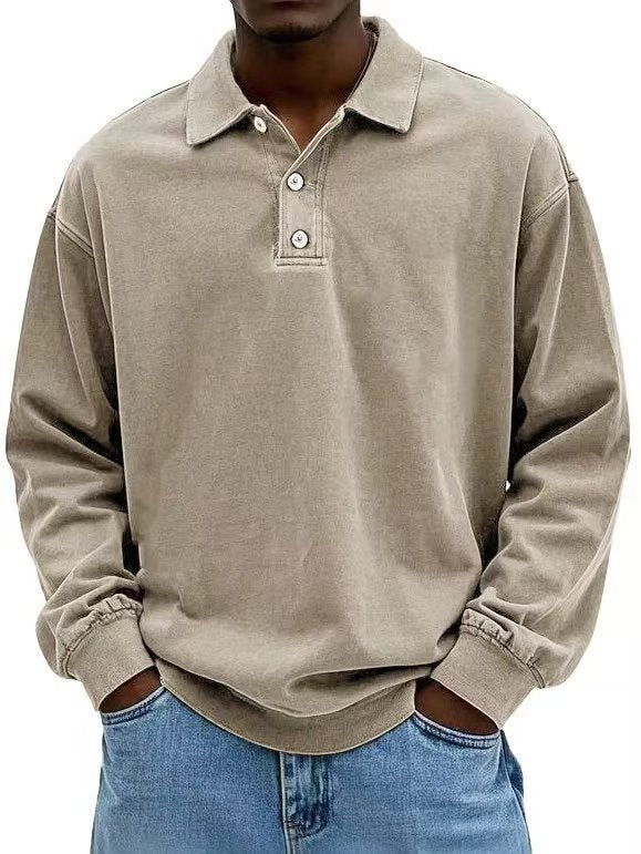 Men's casual polo shirt sweatshirt with collar, vintage wash and three-piece button placket Mune Fashion