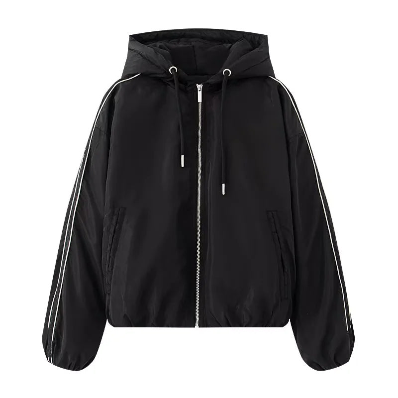 Women's lightweight hooded bomber jacket with contrast stripes, elastic hem, and practical side pockets Mune Fashion