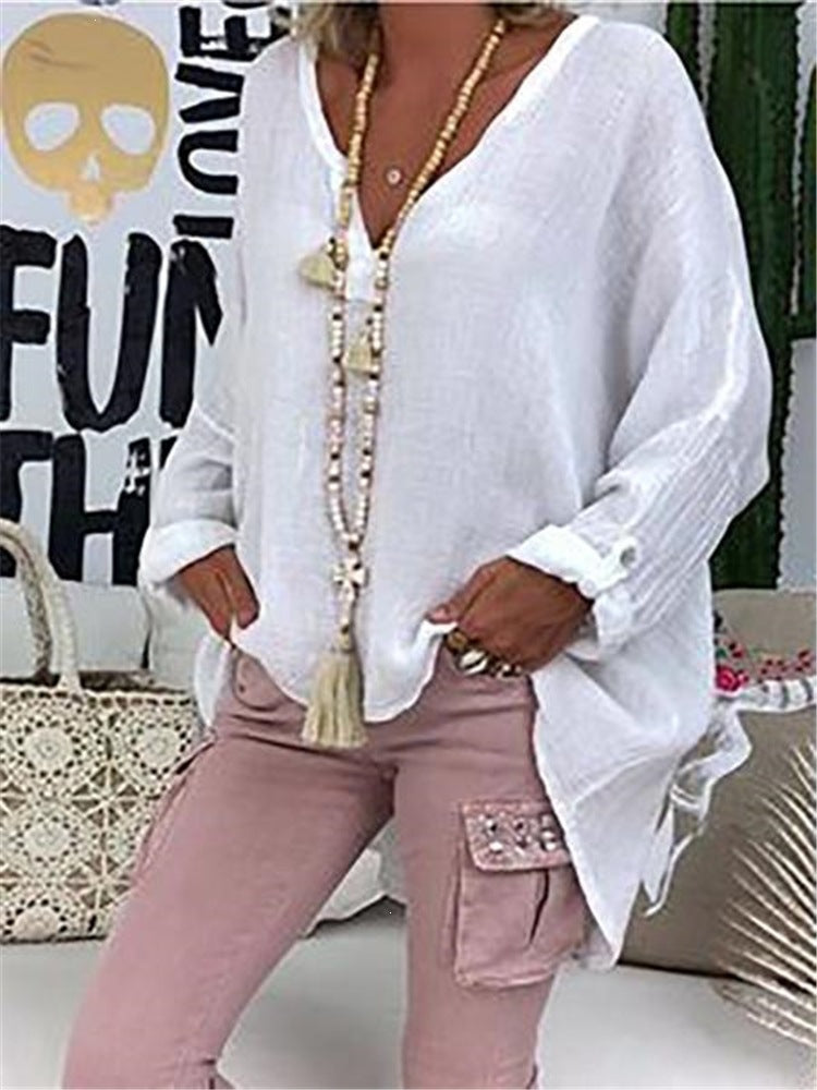 Ladies' nano structured cotton tunic in a loose fit with V-neck, rolled sleeves, and extended back hem Mune Fashion