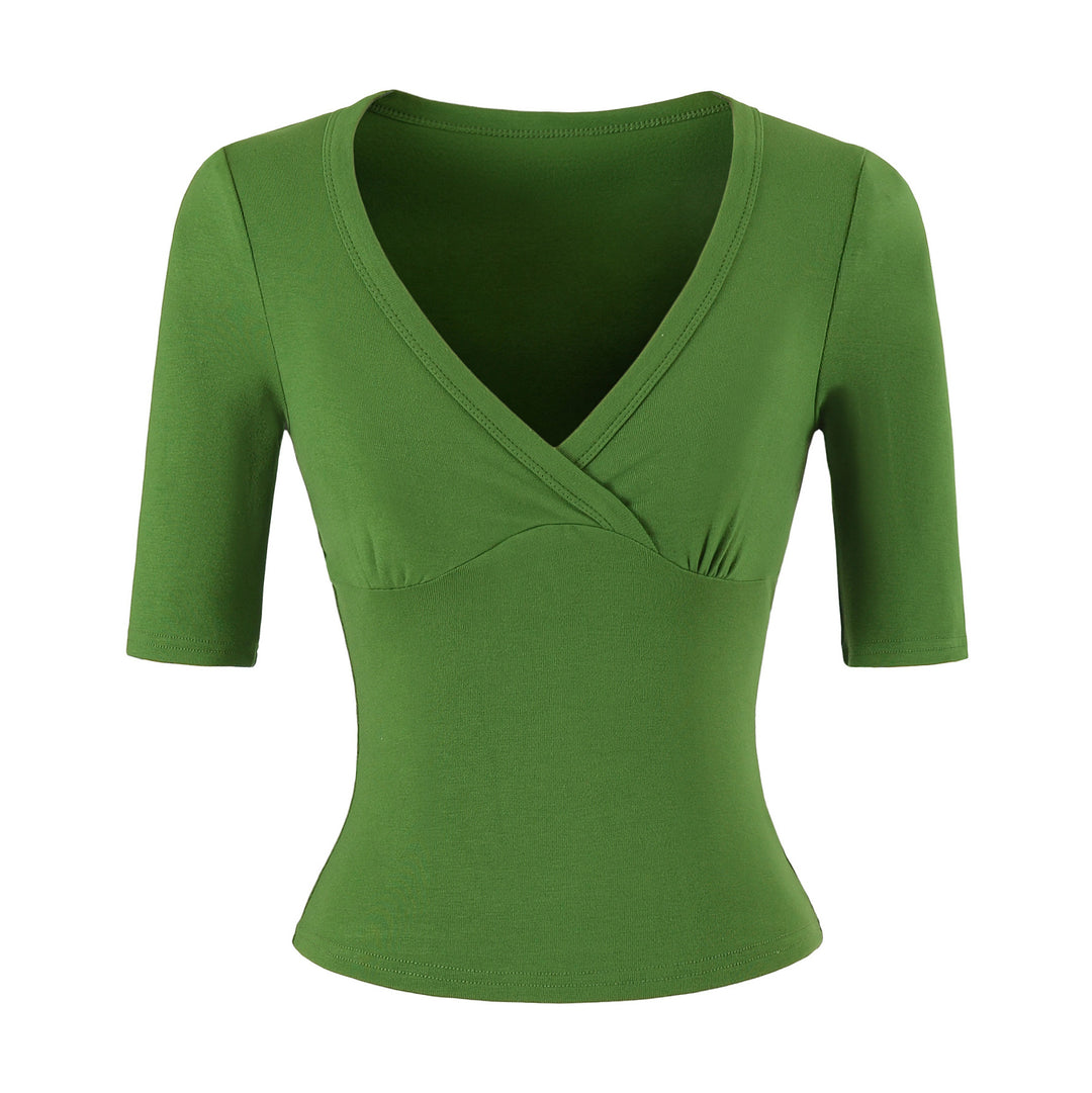Women's body-hugging wrap shirt with deep V-neck, three-quarter sleeves, and waist accentuation Mune Fashion