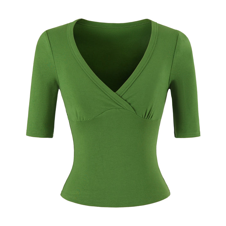Women's body-hugging wrap shirt with deep V-neck, three-quarter sleeves, and waist accentuation Mune Fashion