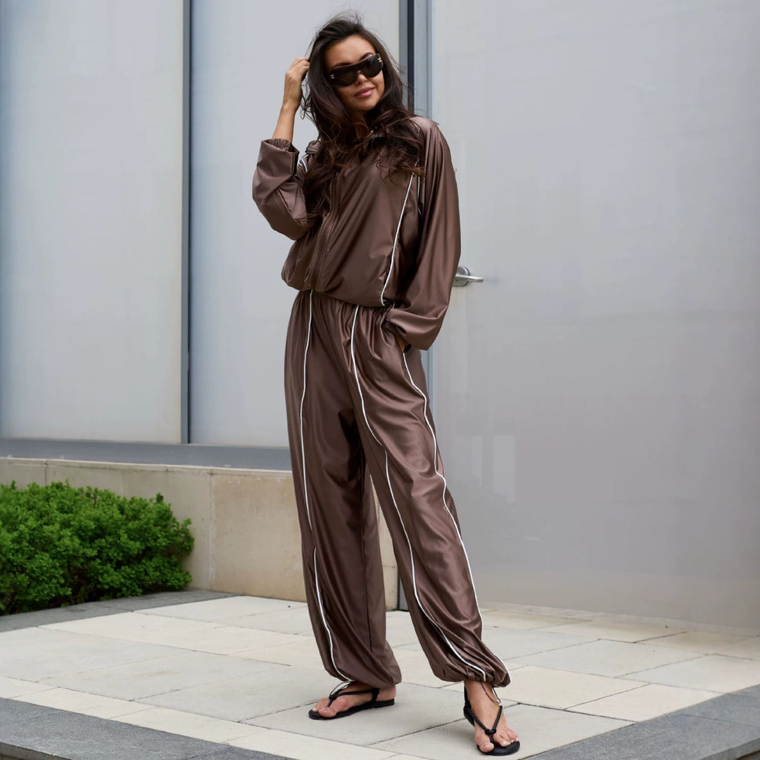 Women's Satin Tracksuit with Zip Jacket and Loose Elastic Waist Pants Mune Fashion