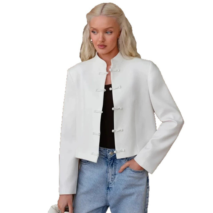 Women's Short Blazer with Mandarin Collar and Decorative Knot Closures Mune Fashion