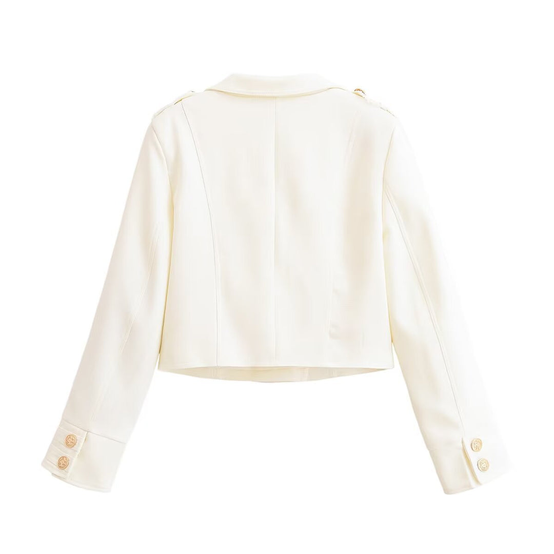 Women Short Cut Double-Breasted Uniform-Inspired Jacket with Epaulettes Mune Fashion