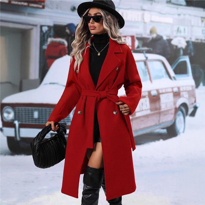 Women's double-breasted wool coat with belt and wide lapel collar Mune Fashion