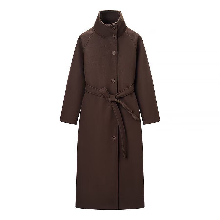 Ladies long coat with tie belt and high stand-up collar made of wool mix Mune Fashion