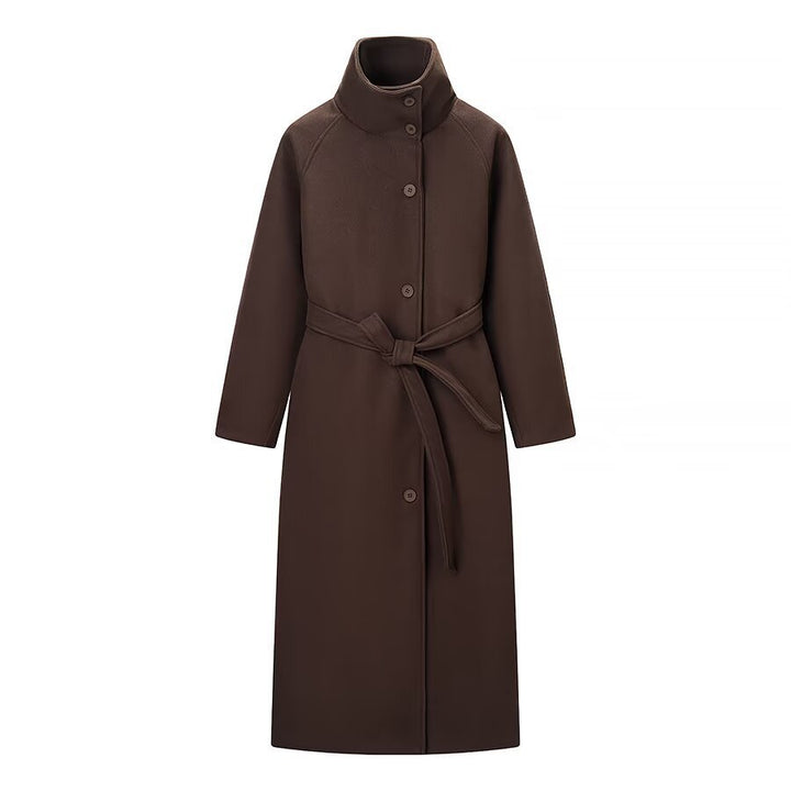 Ladies long coat with tie belt and high stand-up collar made of wool mix Mune Fashion