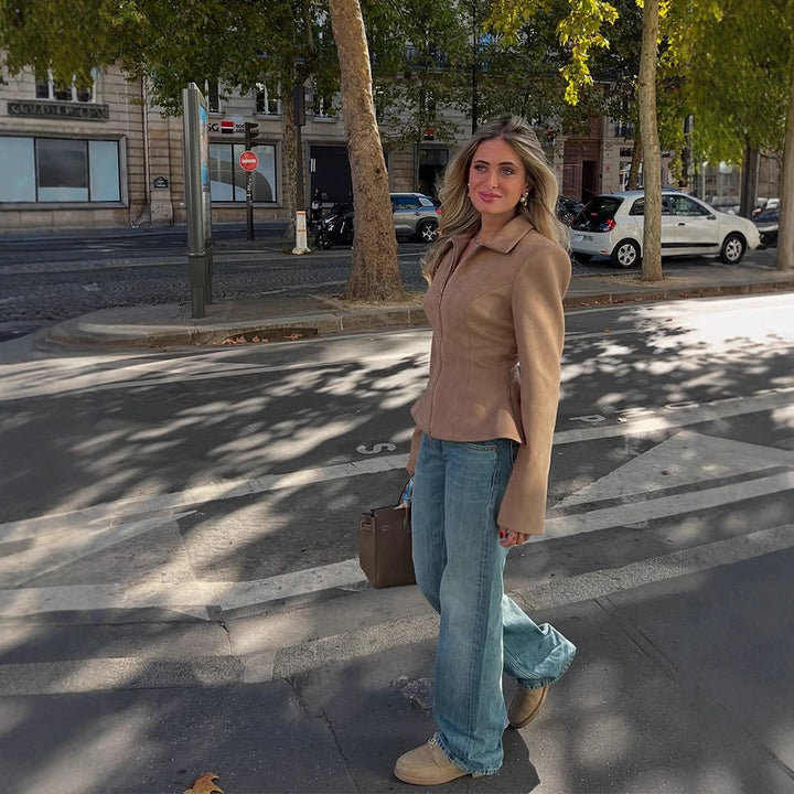 Women's Tailored Suede Look Jacket with Two-Way Zipper Mune Fashion