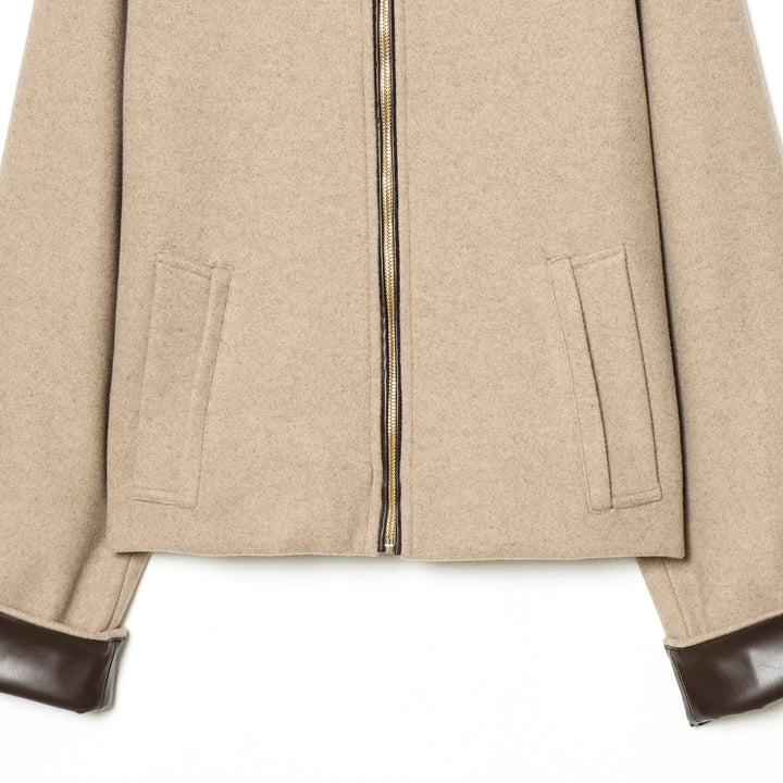 Women's short wool blend blouson with round neck, gold-colored zipper, and leather trim on cuffs Mune Fashion