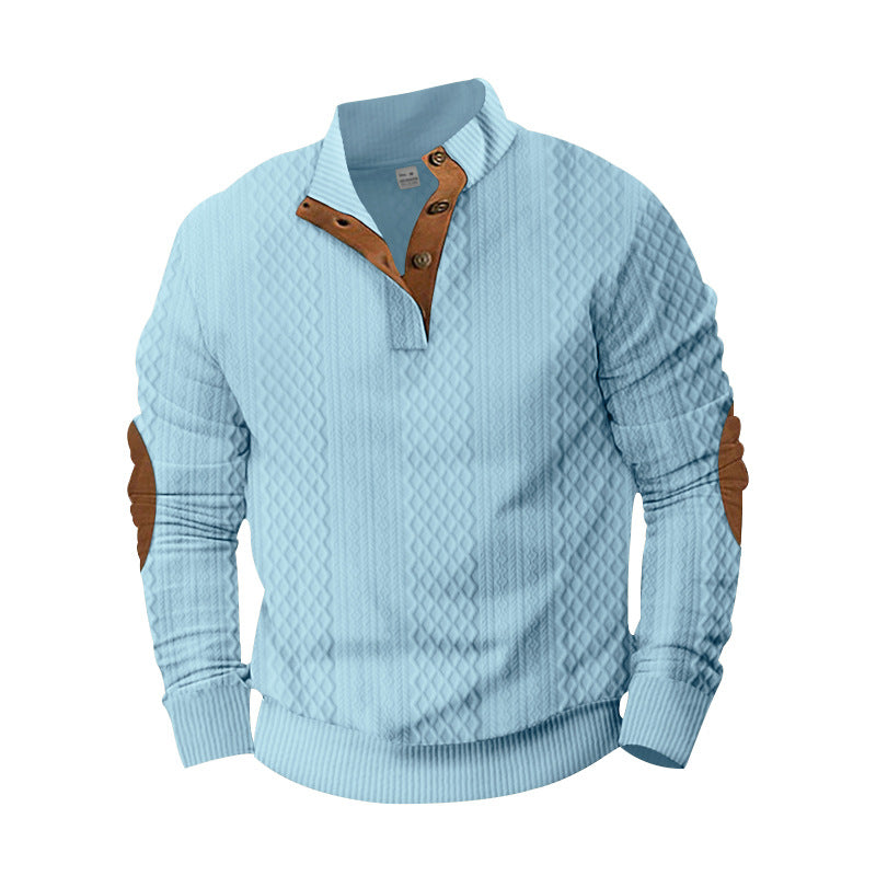 Men's textured half-zip pullover in Troyer style with contrasting trim and leather elbow patches Mune Fashion