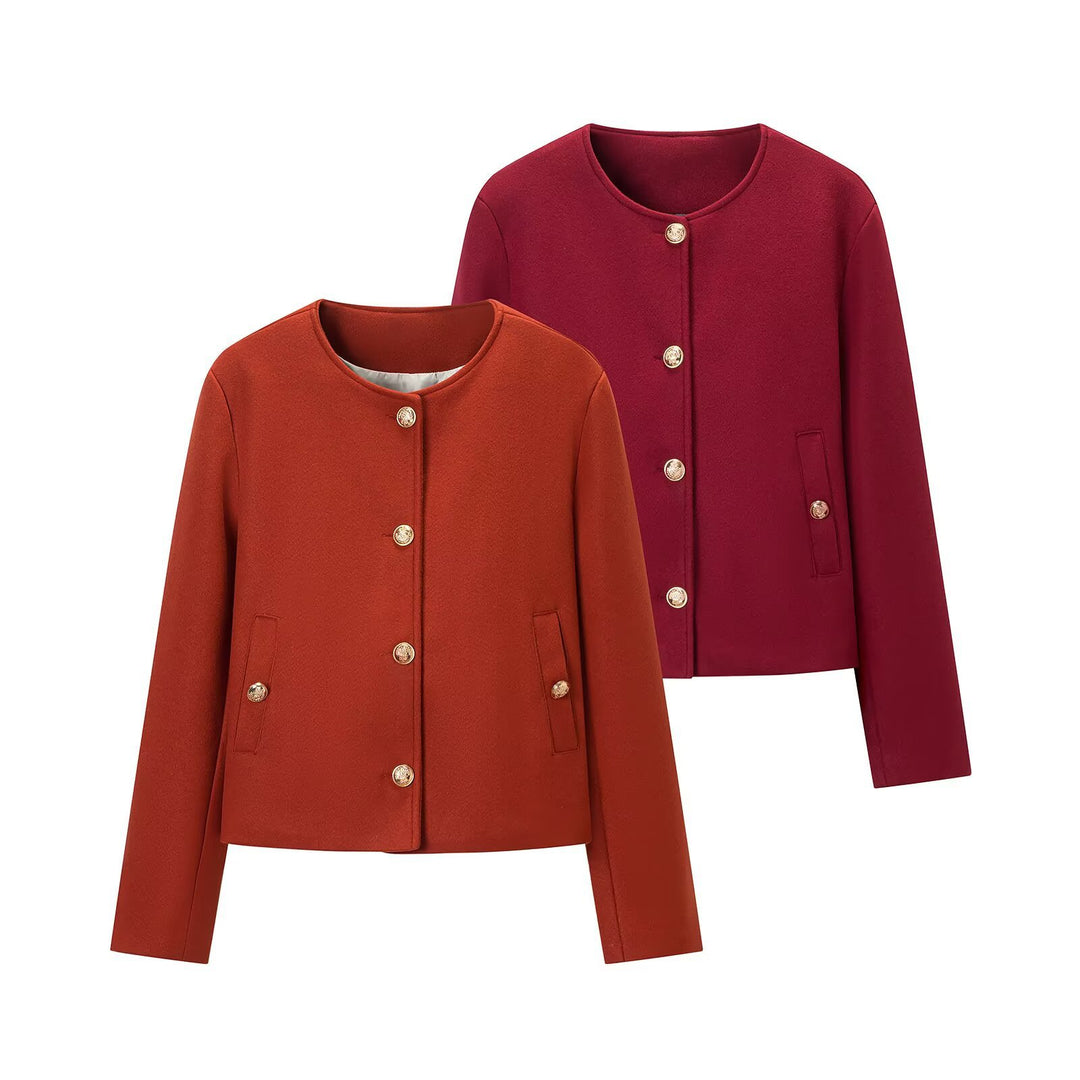 Women’s short jacket in boxy cut with round neck and gold decorative buttons Mune Fashion