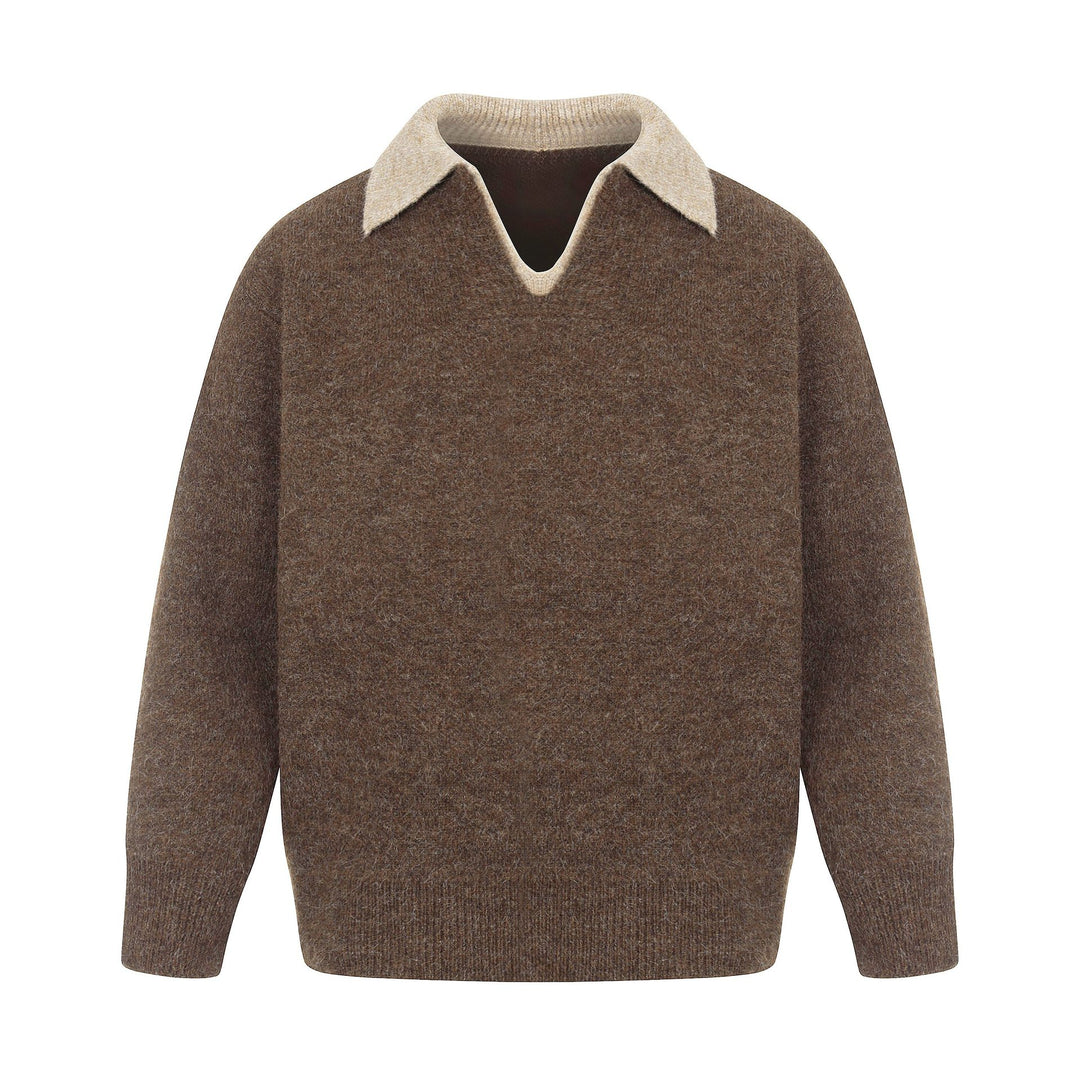 Women Oversize Wool Blend Sweater with Contrast Polo Collar and V-Neck Mune Fashion