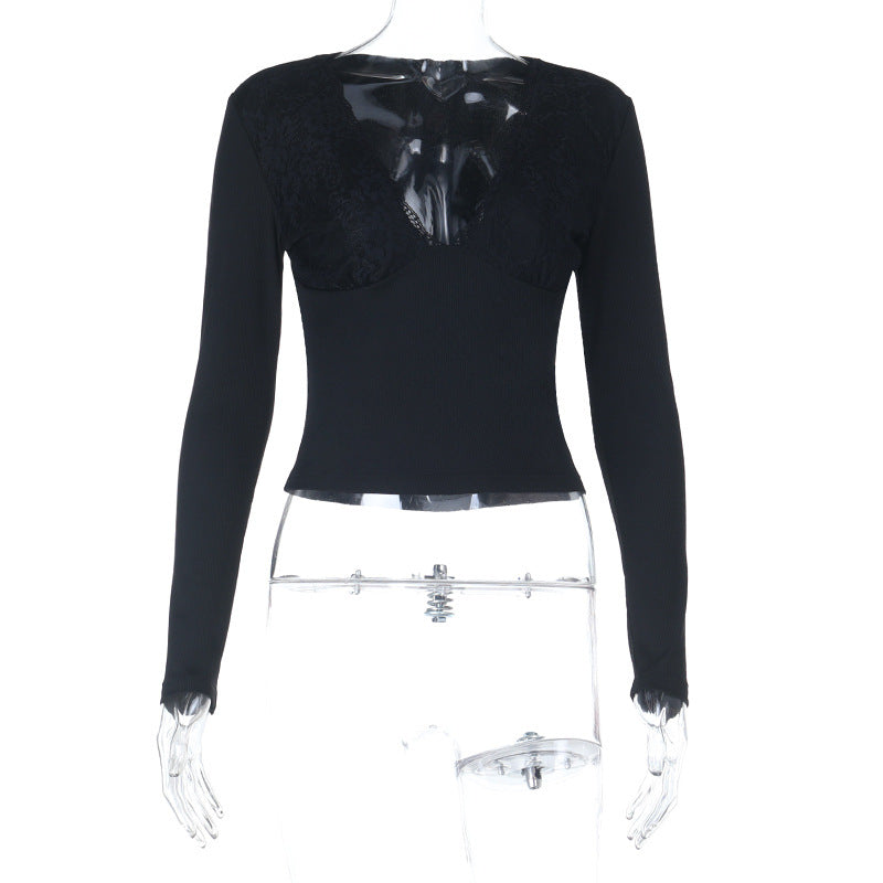 Women's Fitted Long Sleeve Top with Lace Cupping and Ribbed Texture Mune Fashion