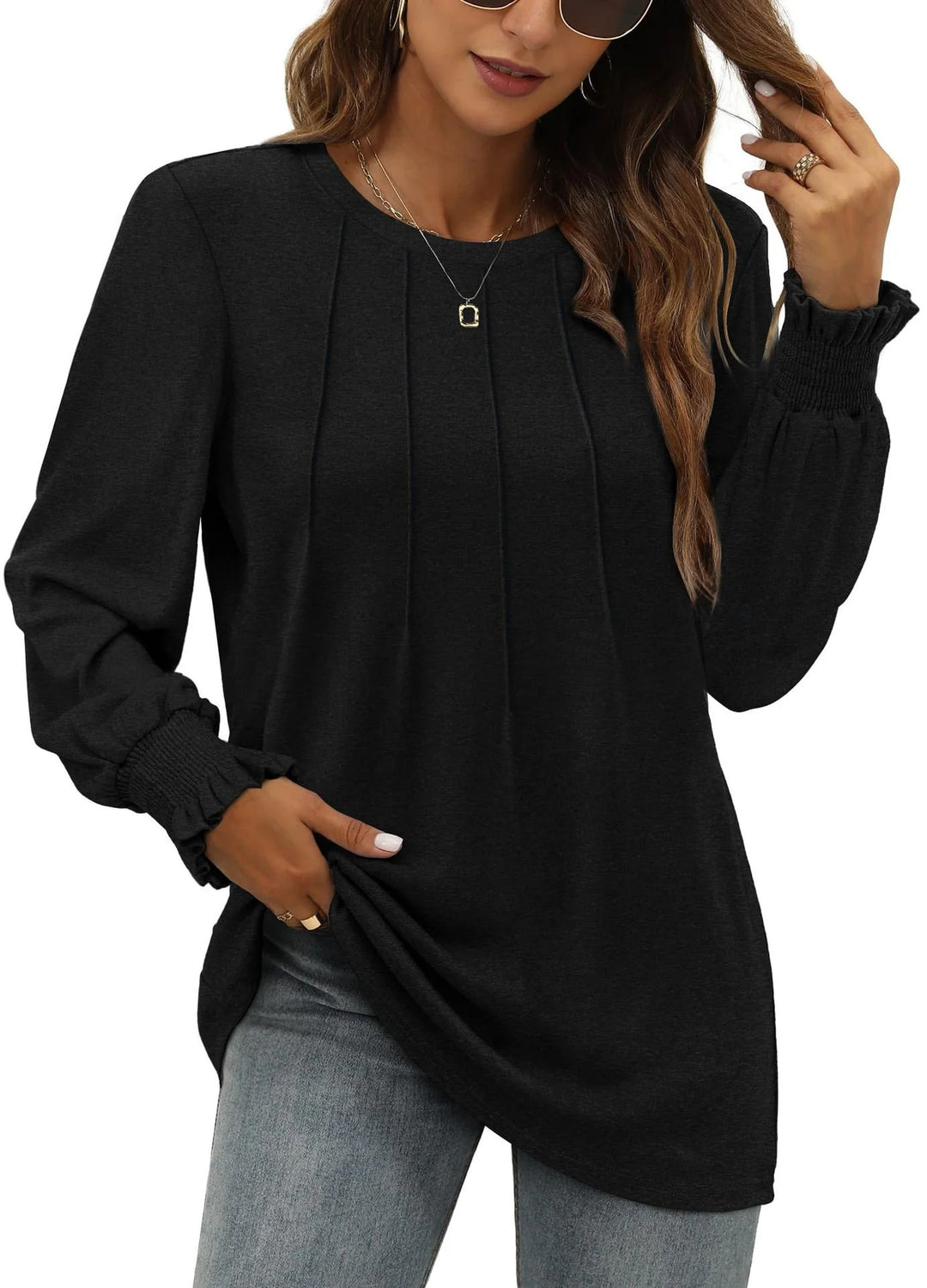Women's long sleeve tunic with vertical pintucks and gathered ruffle cuffs Drune