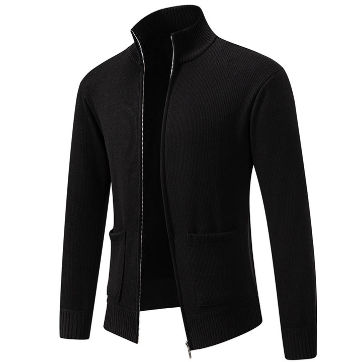 Men's finely structured zip-up knitted cardigan with stand-up collar and patch pockets Mune Fashion
