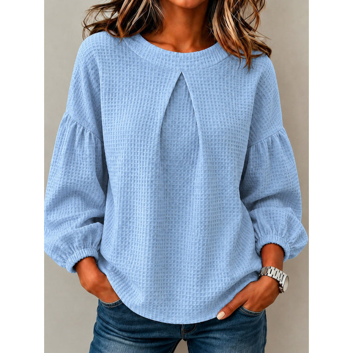 Women's Loose Waffle Knit Sweatshirt with Front Pleat and Balloon Sleeves Mune Fashion