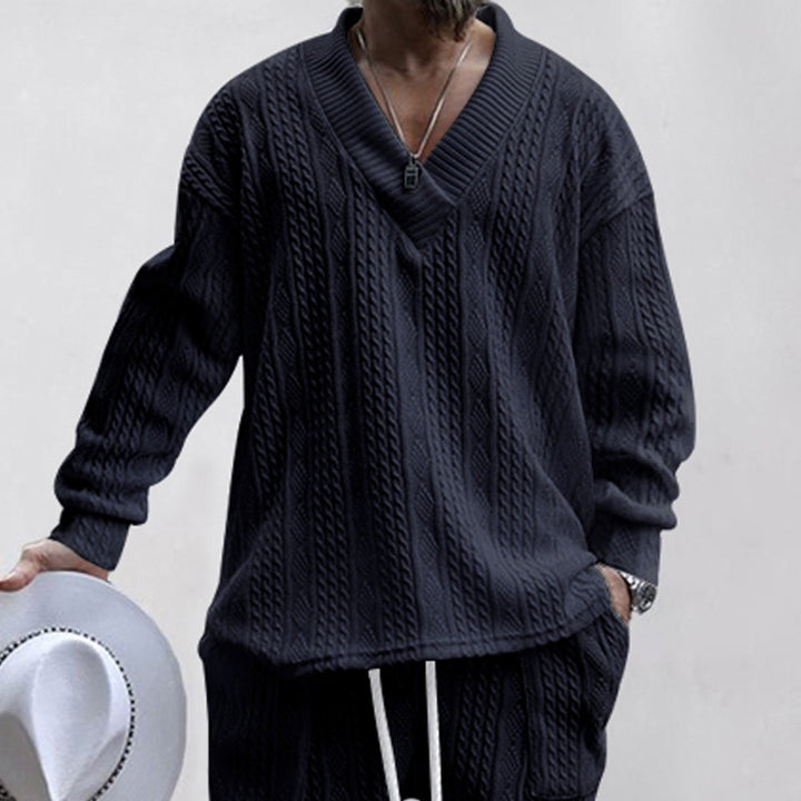 Men's Cable Knit Loungewear Set with Deep V-Neck, Relaxed Fit & Drawstring Pants Mune Fashion