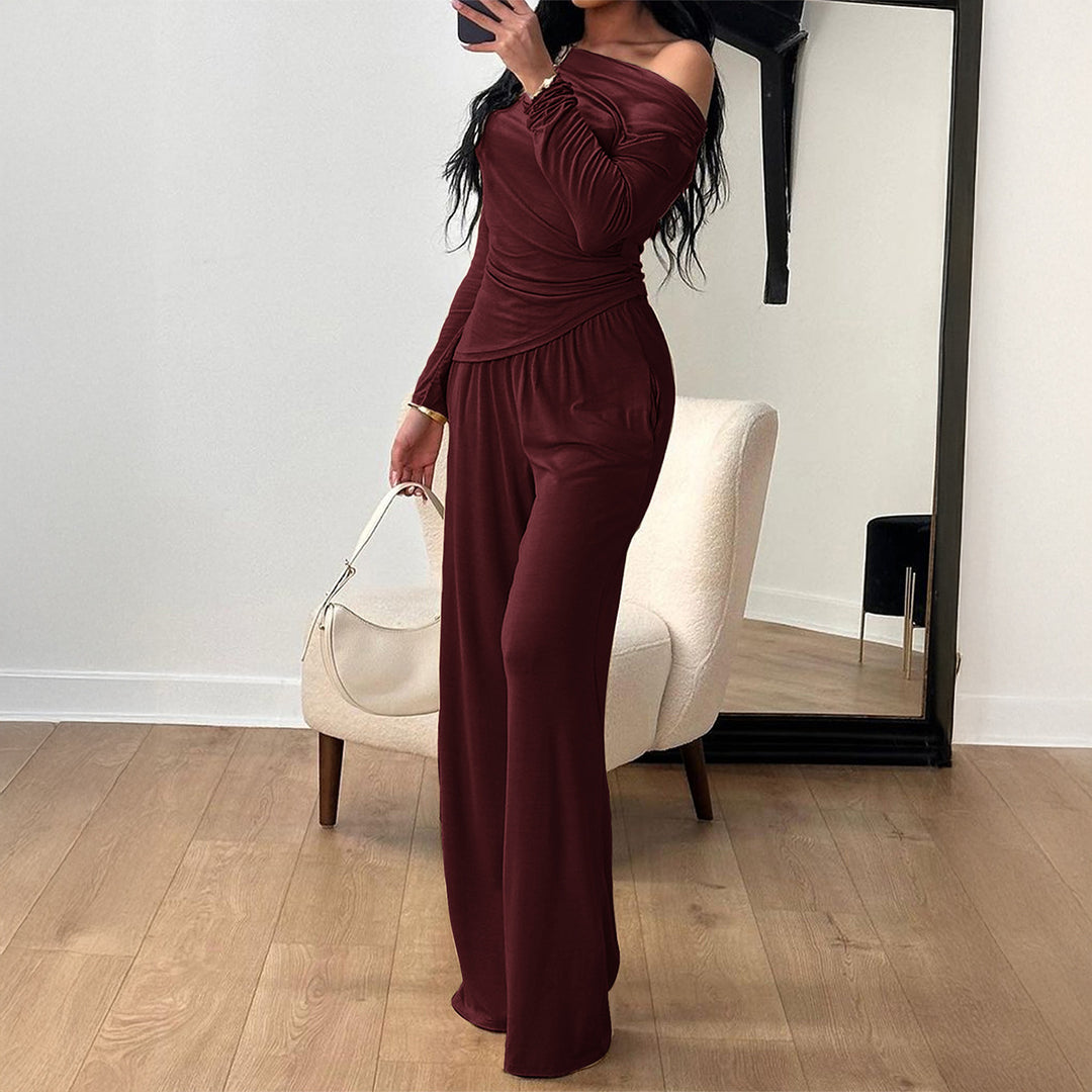 Women's two-piece jersey set with asymmetric wrap look, long-sleeve top, and wide high-waist pants Mune Fashion