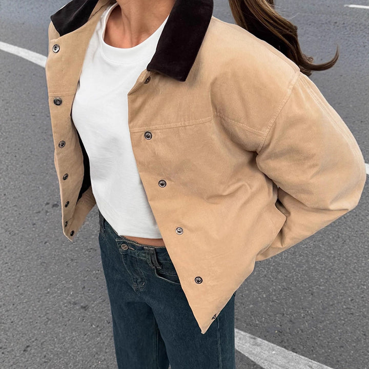 Women's Short Cord Workwear Blouson with Contrast Collar Mune Fashion