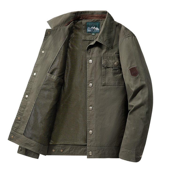 Men's robust canvas field jacket with breathable mesh lining, snap button placket, and patch chest pocket Mune Fashion
