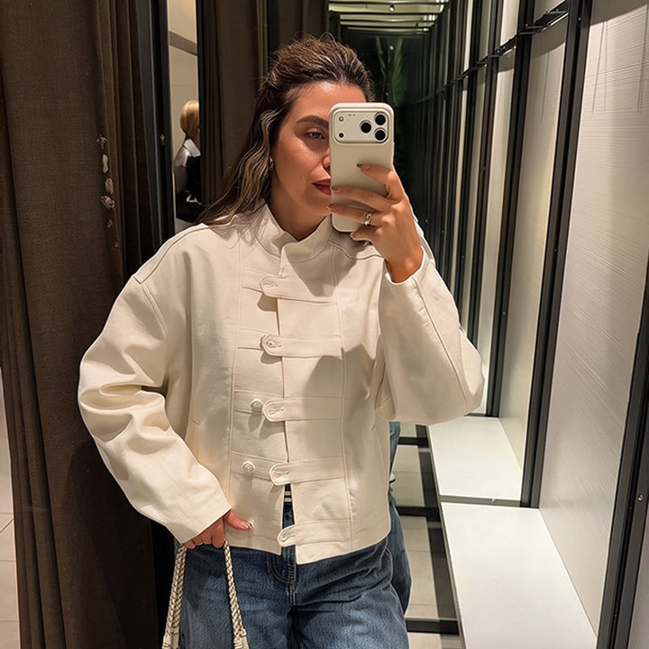 Women's Short Boxy Jacket with Mandarin Collar and Decorative Knot Button Placket Mune Fashion