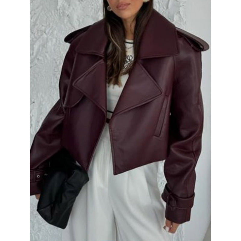 Ladies Cropped Biker Jacket made of faux leather with oversized lapels, adjustable cuffs, and epaulettes Mune Fashion