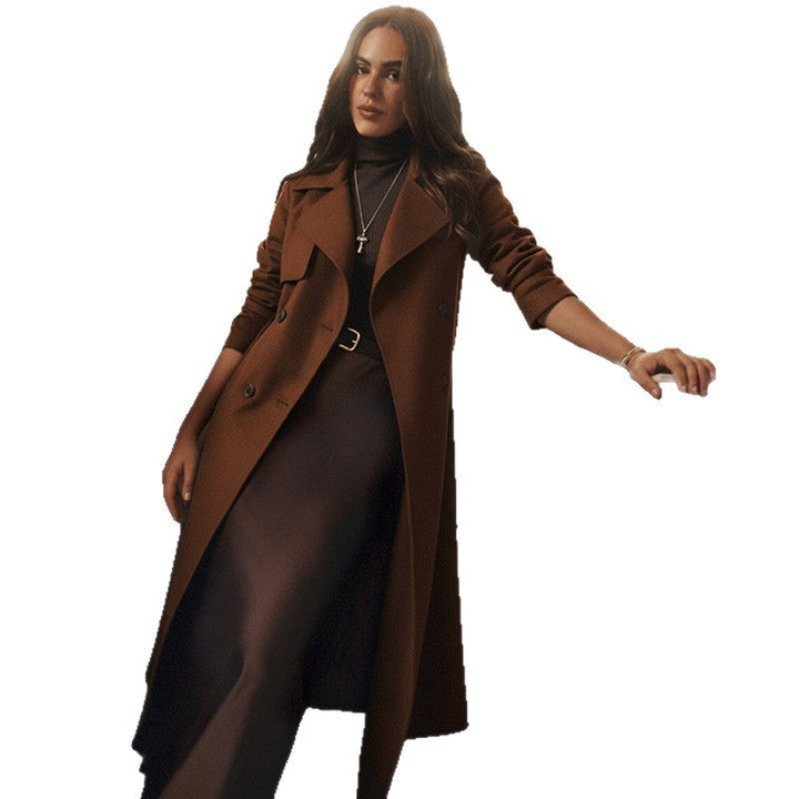 Women’s Long Tailored Wool Coat with Double-Breasted Button Placket and Tied Belt Mune Fashion
