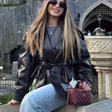 Women's Short Faux Leather Wrap Jacket with Waist Belt and Oversized Lapel Mune Fashion