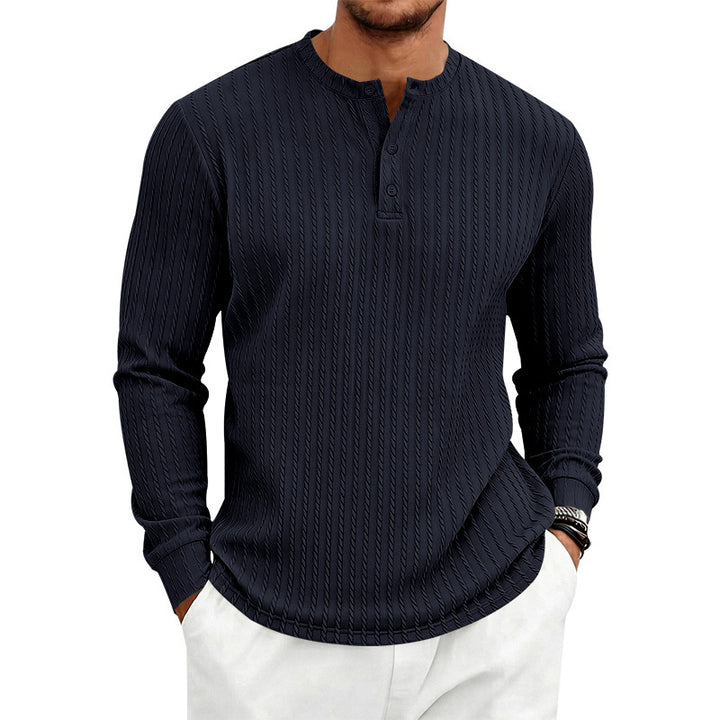 Men's fine knit Henley with stand collar and cable pattern Mune Fashion