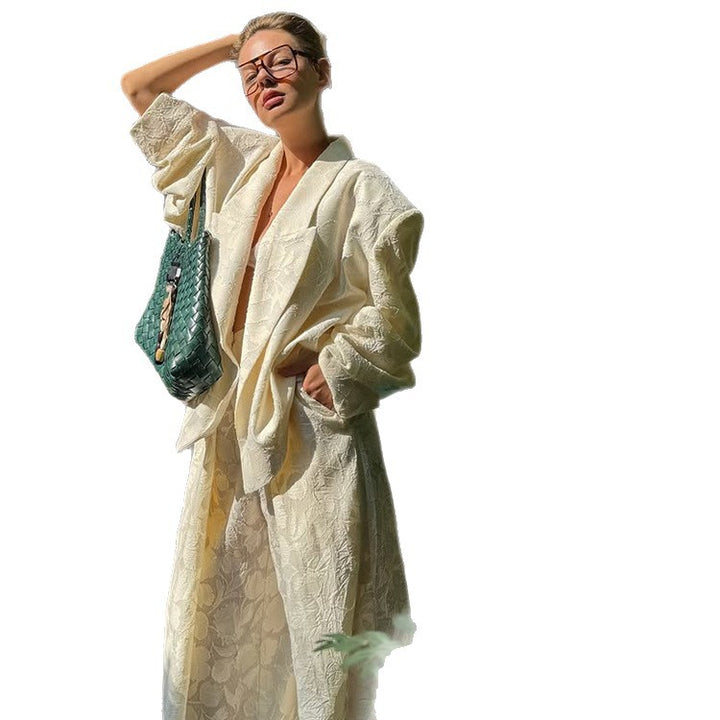 Women Two-Piece Jacquard Pants Set with Oversized Boxy Blazer and High-Cut Palazzo Pants Mune Fashion