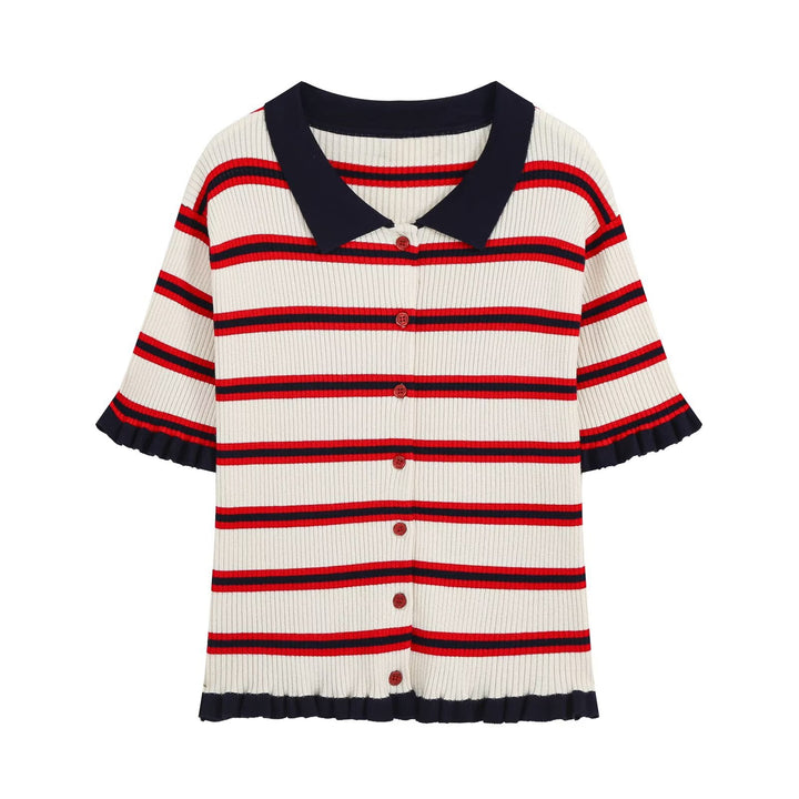 Women's Short Sleeve Ribbed Knit Cardigan with Polo Collar, Button Placket and Ruffled Hem Drune