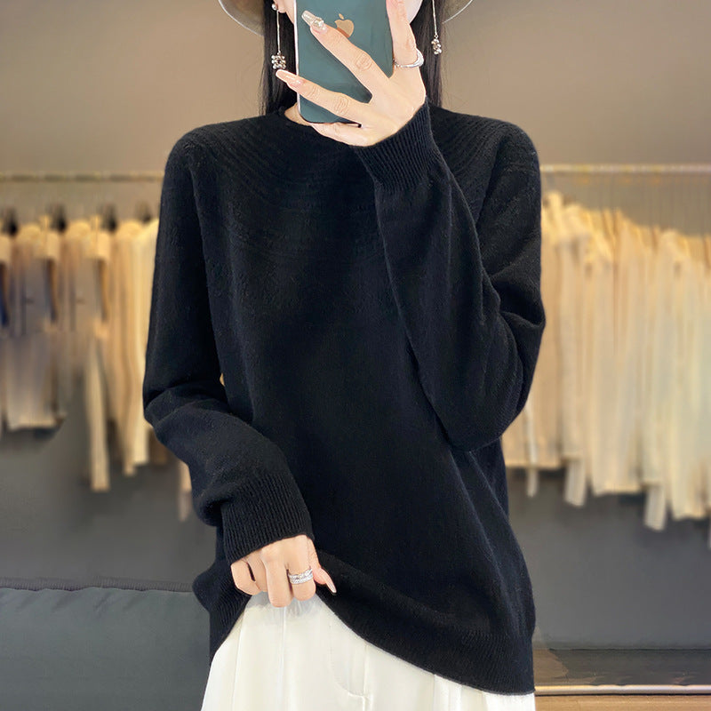 Ladies Soft Ajour-Yoke Round Neck Sweater in Cashmere-Look Fine Knit Mune Fashion